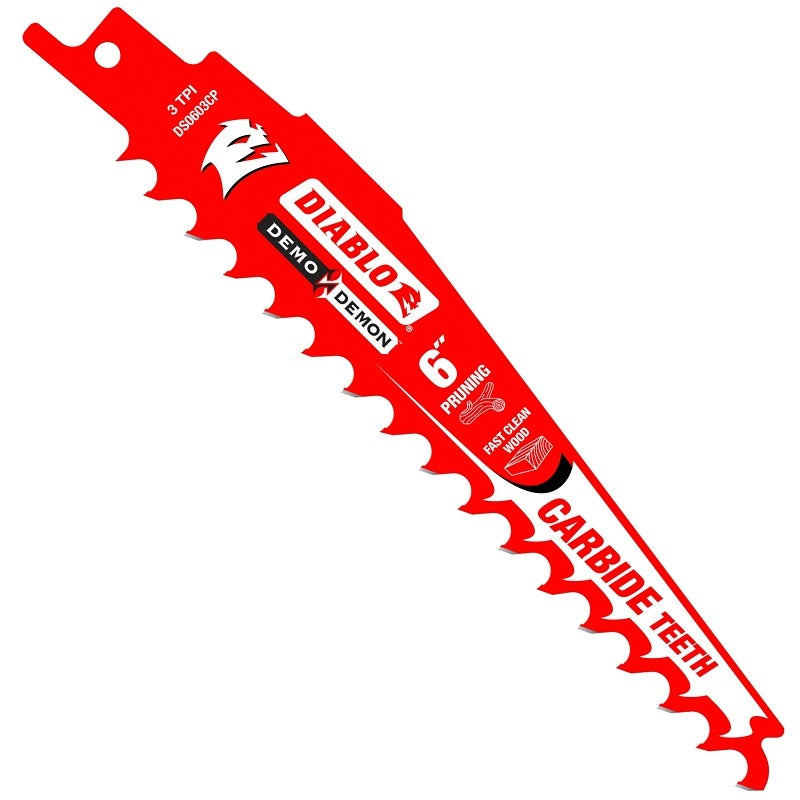 Diablo DS0603CP Series Reciprocating Saw Blade, Applicable Materials: Wood, 6 in L, 3 TPI, Carbide Cutting Edge, 1/PK