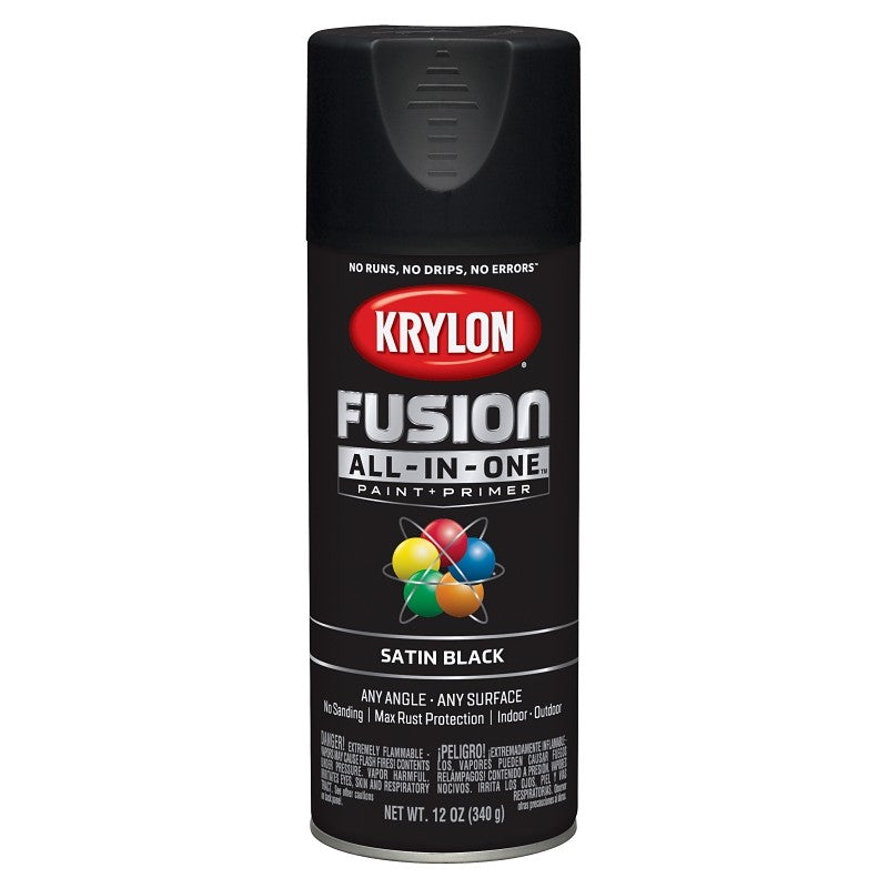 Krylon K02732007 Spray Paint, 12 oz Can, 25 sq-ft Coverage Area, Acrylic Base, Satin, Black, Exterior, Interior