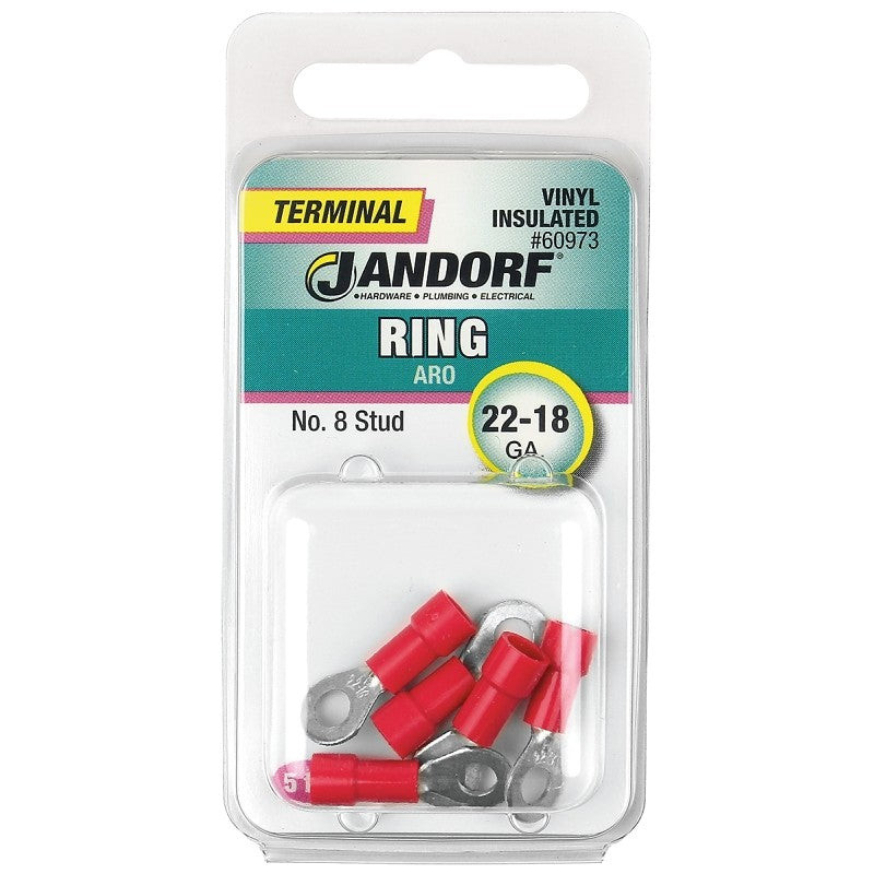 Jandorf 60973 Ring Terminal, 22 to 18 AWG Wire, #8 Stud, Vinyl Insulation, Copper Contact, Red