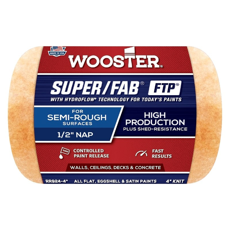Wooster RR924-4 Roller Cover, 1/2 in Thick Nap, 4 in L, Knit Fabric Cover, Lager