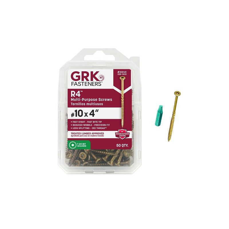GRK Fasteners R4 103141 Screw, #10 Thread, 4 in L, W-Cut Thread, Countersunk, Flat Head, Star Drive, Steel, Climatek