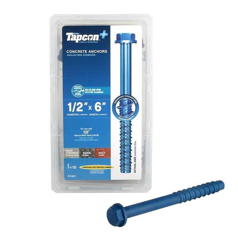 Tapcon 11421 Heavy-Duty Concrete Screw Anchor, 1/2 in Dia, 6 in L