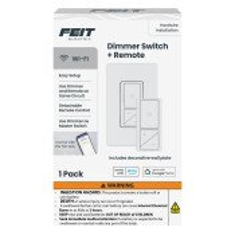Feit Electric DIM/BUTTON/WIFI Dimmer Switch with Remote, 1-Pole, 3-, 4-Way, 120 V, 60 Hz, Wi-Fi, Hardwired, White