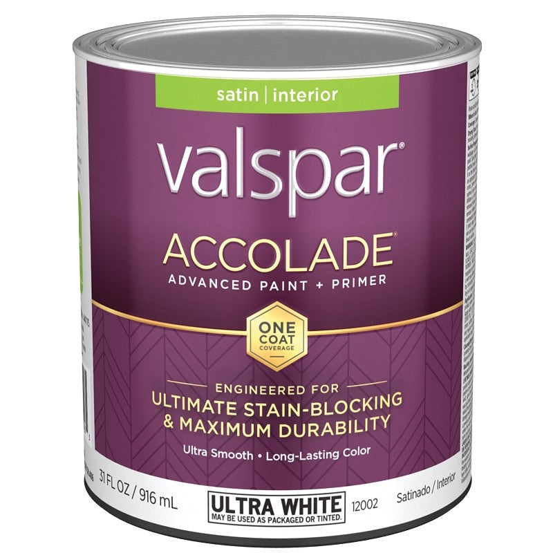 Valspar Accolade 1200 028.0012002.005 Latex Paint, Acrylic Base, Satin, Ultra White, 1 qt, Metal Can
