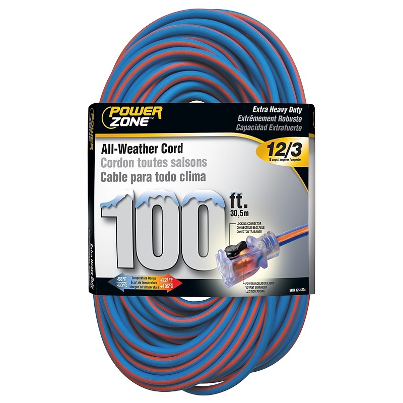 PowerZone ORC530835 Extension Cord, 12 AWG Cable, 5-15P Grounded Plug, 5-15R Grounded Receptacle, 100 ft L, 125 V