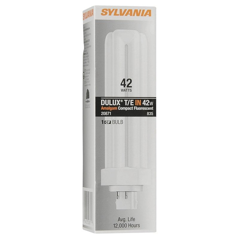 Sylvania 20871 Compact Fluorescent Bulb, 42 W, T4 Lamp, GX24Q-4 Lamp Base, 2670 Lumens, 3500 K Color Temp, White Light