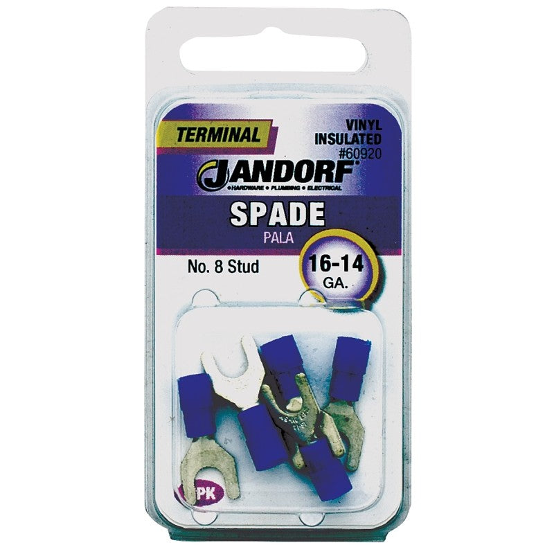 Jandorf 60920 Spade Terminal, 600 V, 16 to 14 AWG Wire, #8 Stud, Vinyl Insulation, Copper Contact, Blue, 5/PK