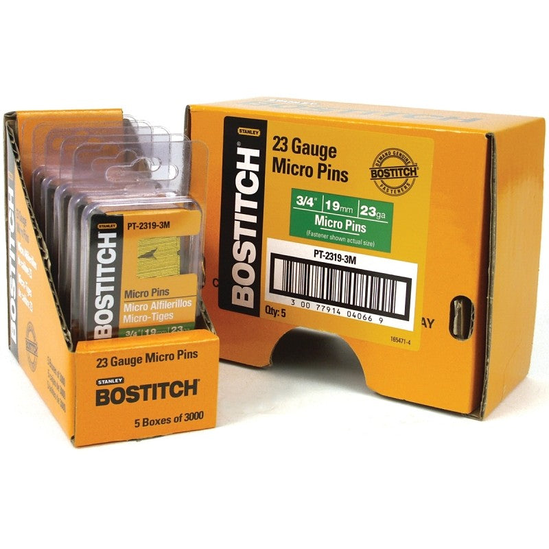 Bostitch PT-2319-3M Pin Nail, 0.64 in Dia, 3/4 in L, 23 ga Thick, Steel, Bright