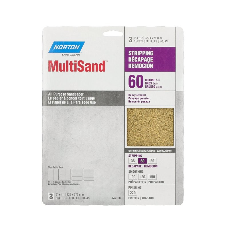 Norton MultiSand 07660747750 Sanding Sheet, Brown, 11 in L, 9 in W, Coarse, 60 Grit, Aluminum Oxide Abrasive