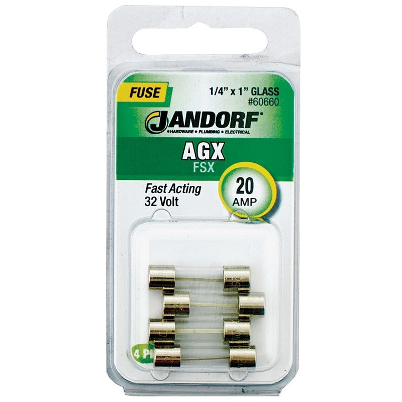Jandorf 60660 Fast Acting Fuse, 20 A, 32 V, 200, 1000 A Interrupt, Glass Body