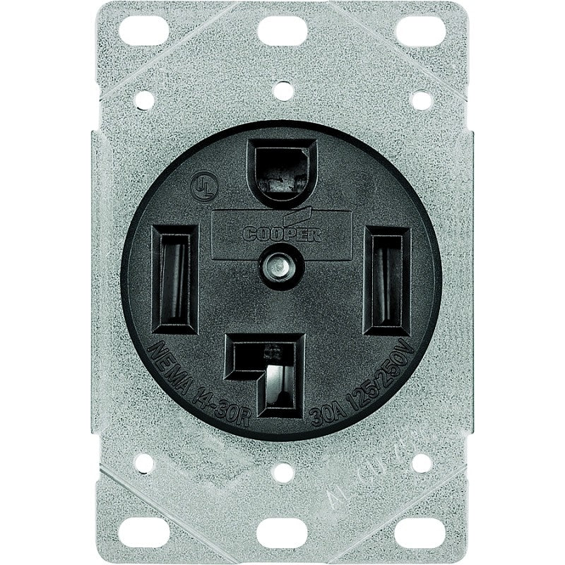 Eaton Cooper Wiring 1257-SP Power Receptacle, Flush Mounting, 3-Pole, 125/250 V, 30 A, NEMA: NEMA 14-30R, Black