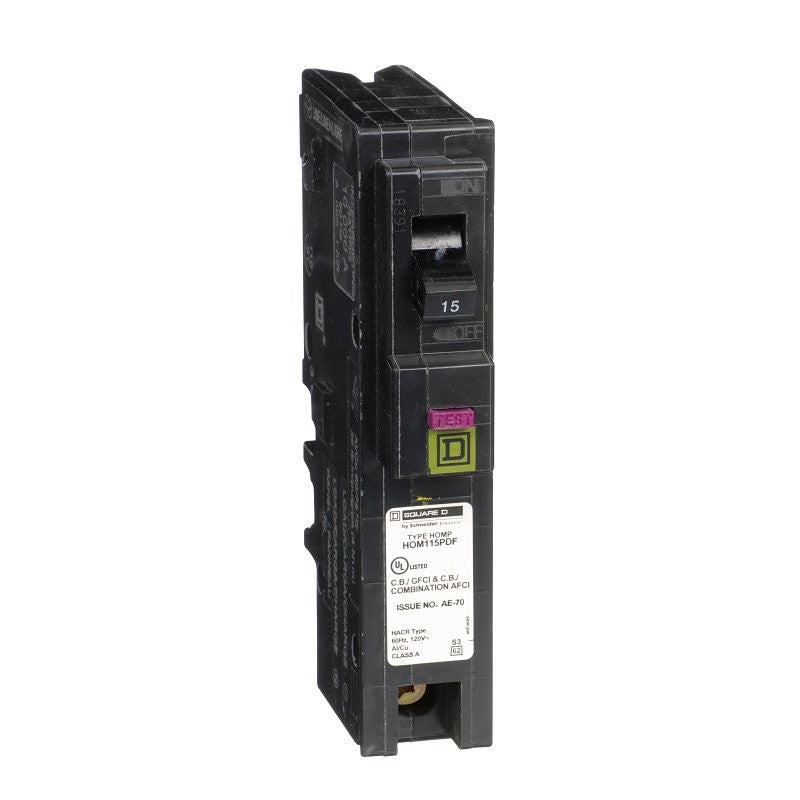 Square D HOM115PDFC Circuit Breaker, Dual Function, Mini, 15 A, 1-Pole, 120 V, Plug