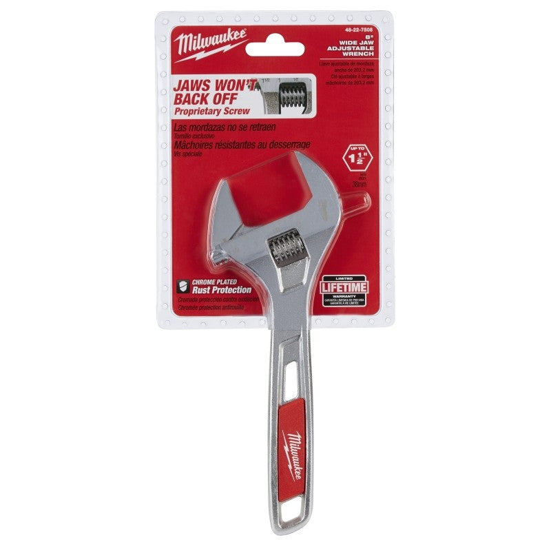 Milwaukee 48-22-7508 Adjustable Wrench, 8 in OAL, 1-1/2 in Jaw, Steel, Chrome, Ergonomic Handle