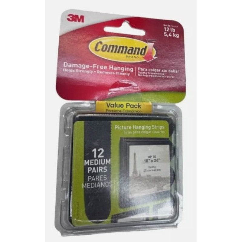 Command 17204BLK-12ES Medium Picture Hanging Strip, 3/4 in W, 2-3/4 in L, Foam Backing, Black, 3 lb