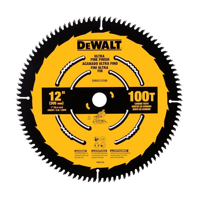 DEWALT DWA112100 Saw Blade, 12 in Dia, 1 in Arbor, 100-Teeth, Carbide Cutting Edge, Applicable Materials: Wood