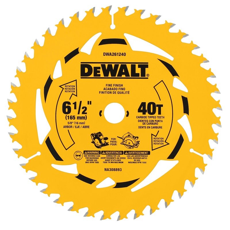 DEWALT DWA261240B10 Circular Saw Blade, 6-1/2 in Dia, 5/8 in Arbor, 40-Teeth, Carbide Cutting Edge