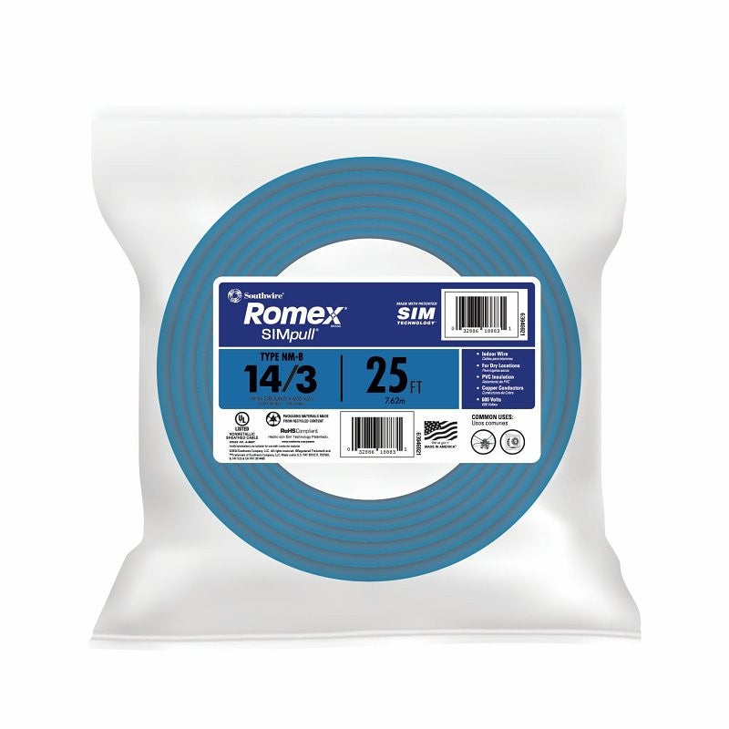 Romex 14/3NM-WGX25 Building Wire, 14 AWG Wire, 3-Conductor, 25 ft L, Copper Conductor, PVC Insulation, Nylon Sheath