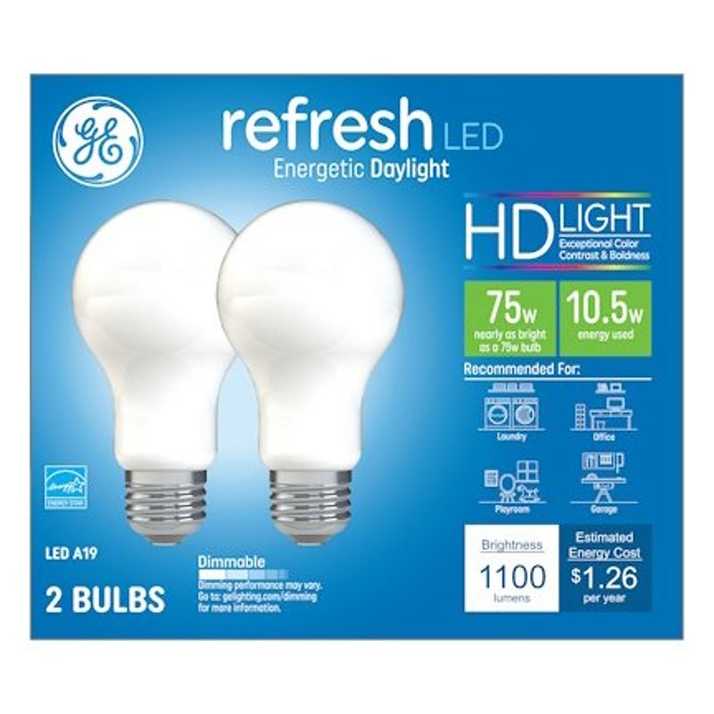 GE 93129422 Light Bulb, 75 W Equivalent, Medium Lamp Base, Dimmable, Daylight, 5000 K Color Temp