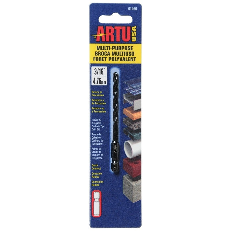 ARTU 01460 Drill Bit, 3/16 in Dia, 3-1/2 in OAL, Multi-Purpose, Parabolic Flute, Quick-Connect Shank