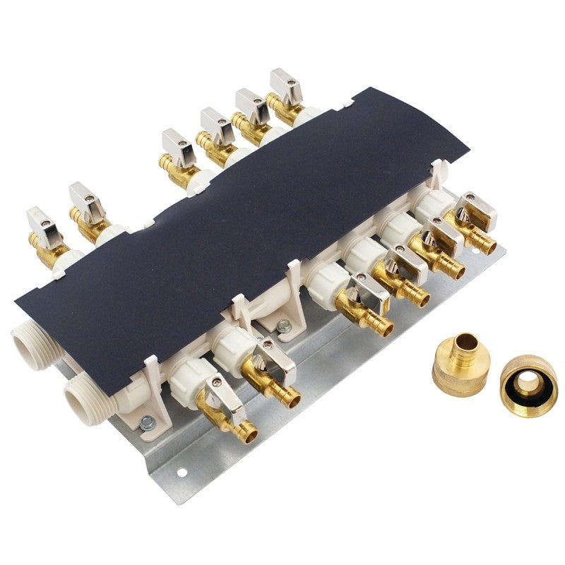 Apollo 6907912CP Manifold System, 14 in OAL, 2-Inlet, 3/4 in Inlet, 12-Outlet, 1/2 in Outlet, Brass, 160 psi Pressure