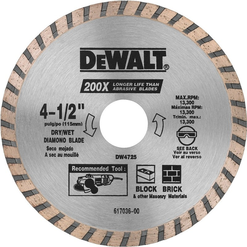 DEWALT DW4725 Circular Blade, 4-1/2 in Dia, 7/8 in Arbor, Diamond Cutting Edge