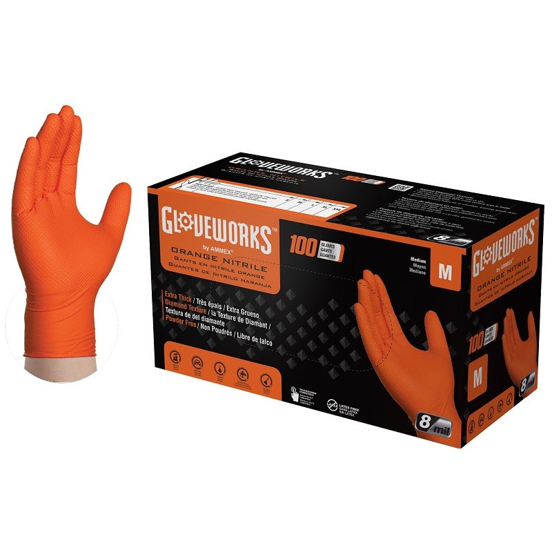 Gloveworks GWON44100 Heavy-Duty Disposable Gloves, M, Nitrile, Powder-Free, Orange, 9-1/2 in L