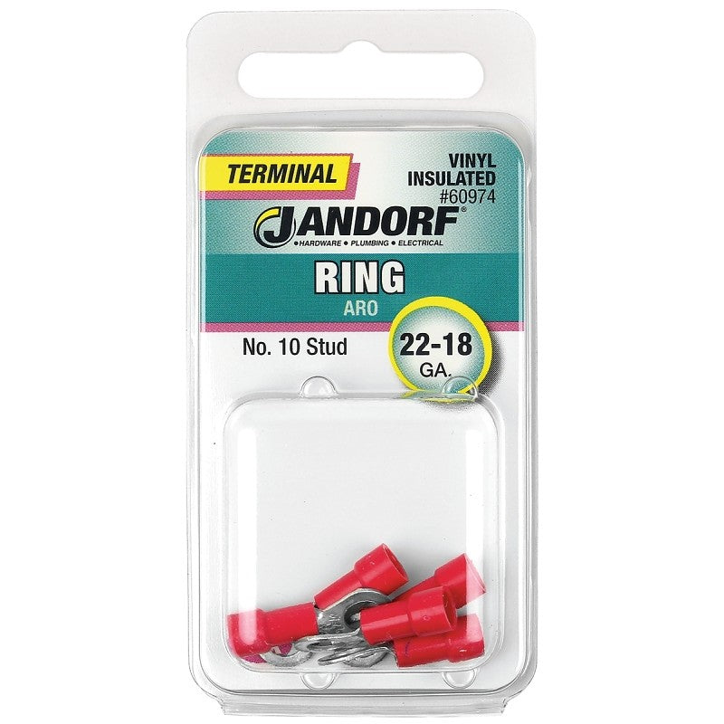 Jandorf 60974 Ring Terminal, 22 to 18 AWG Wire, #10 Stud, Vinyl Insulation, Copper Contact, Red