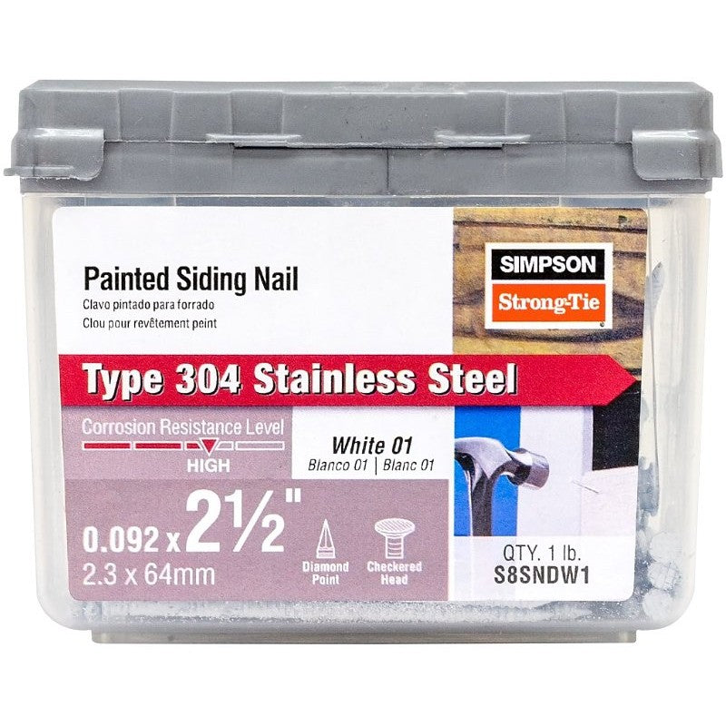 Simpson Strong-Tie S6SNDW1 Siding Nail, 6d, 2 in L, Stainless Steel, Full Round Head, Annular Ring Shank, White