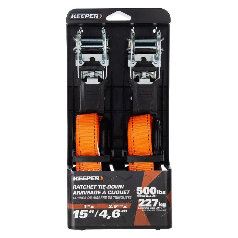 Keeper 45518 Tie-Down, 1 in W, 15 ft L, Orange, 500 lb Working Load, S-Hook End