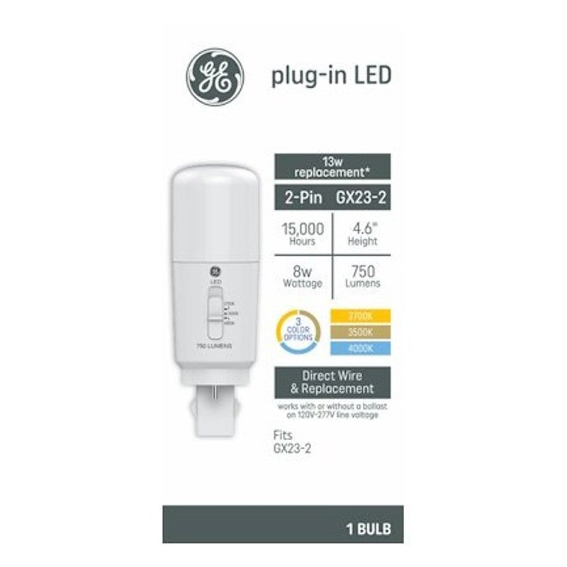 GE 93131927 LED Light Bulb, T12 Lamp, 13 W Equivalent, GX23-2 Lamp Base, Cool White/Daylight/Warm White
