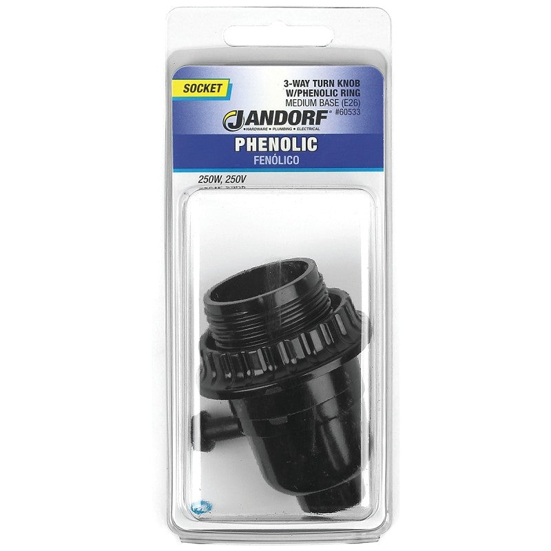 Jandorf 60533 Turn Knob Lamp Socket, 250 V, 250 W, Phenolic Housing Material, Black