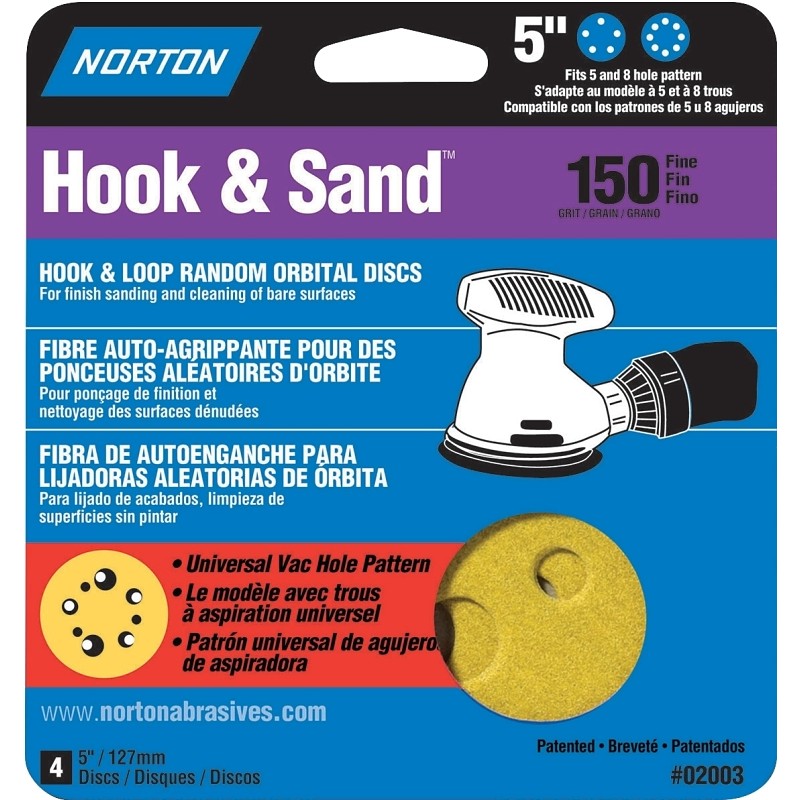 Norton 02003 Sanding Disc, 5 in Dia, Coated, Fine, P150 Grit, Aluminum Oxide Abrasive, C-Weight Paper Backing