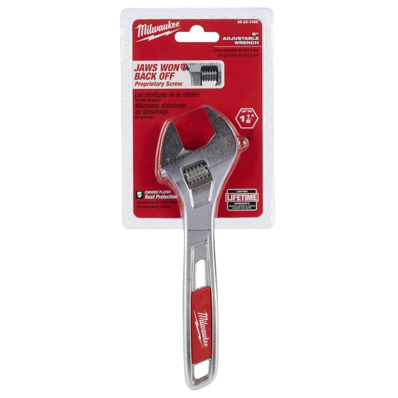 Milwaukee 48-22-7408 Adjustable Wrench, 8 in OAL, 1-1/8 in Jaw, Steel, Chrome, Ergonomic Handle