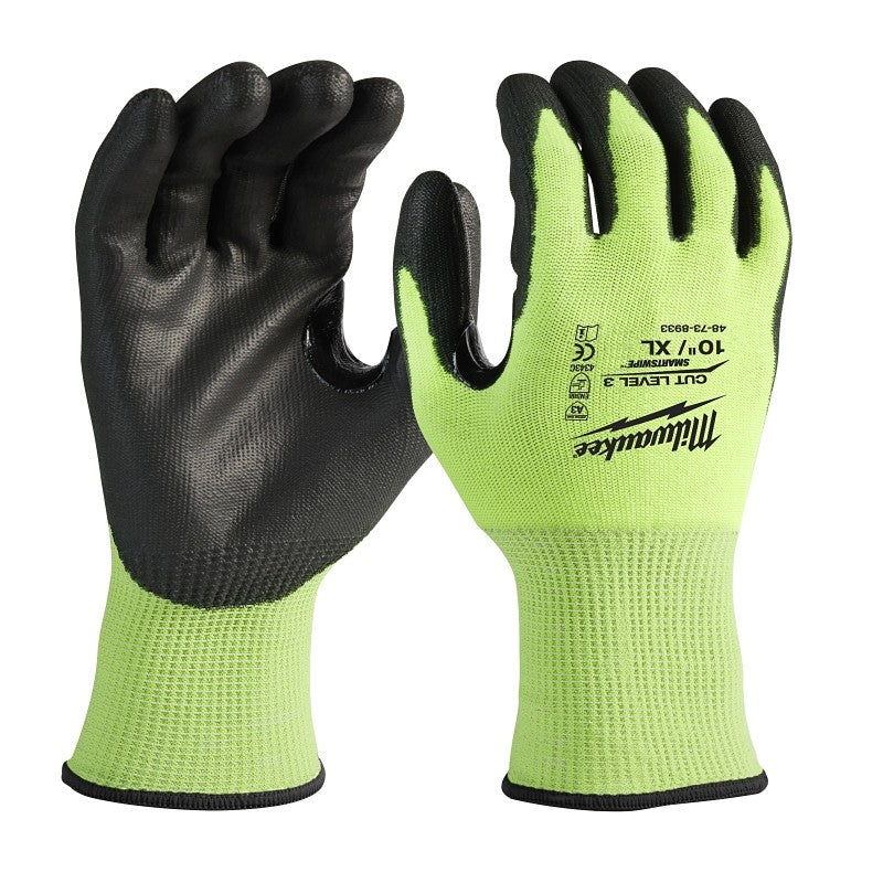 Milwaukee 48-73-8933 High-Visibility Cut Level 3 Gloves, Unisex, XL, Elasticated Knit Cuff, Nitrile Coating, Yellow