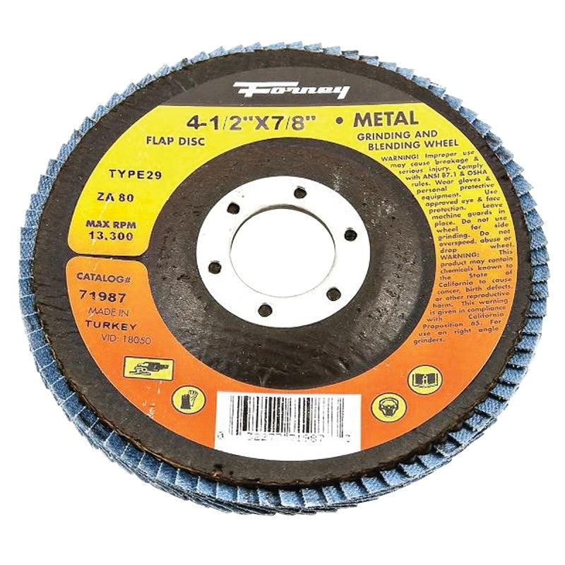 Forney 71987 Flap Disc, 4-1/2 in Dia, 7/8 in Arbor, 80 Grit, Fine, Zirconia Aluminum Abrasive, Fiberglass Backing