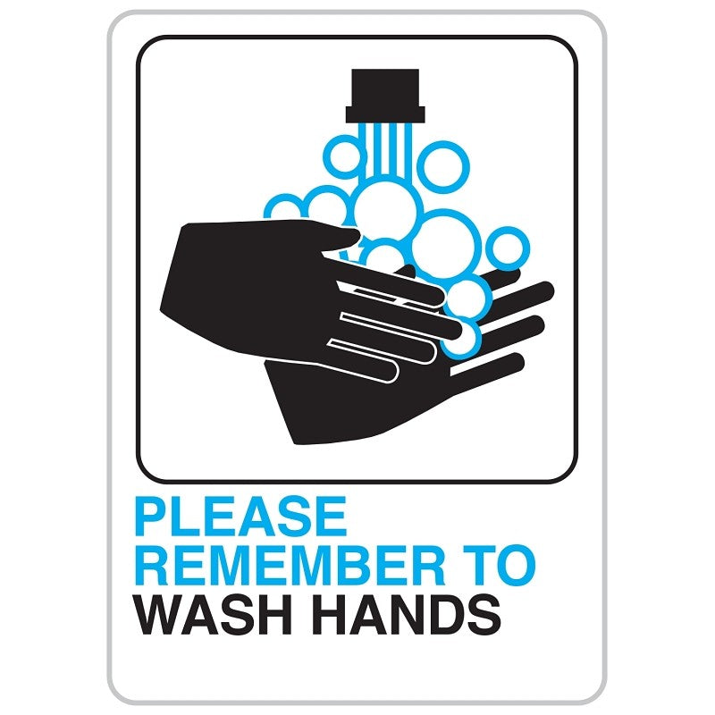 Hy-Ko D-26 Bathroom Sign, Rectangular, PLEASE REMEMBER TO WASH HANDS, Black/Blue Legend, White Background, Plastic (Pack of 5)