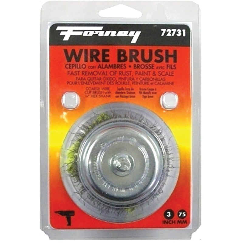 Forney 72731 Wire Cup Brush, 3 in Dia, 0.012 in Dia Bristle, Steel Bristle