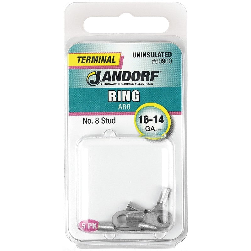 Jandorf 60900 Ring Terminal, 16 to 14 AWG Wire, #8 Stud, Copper Contact