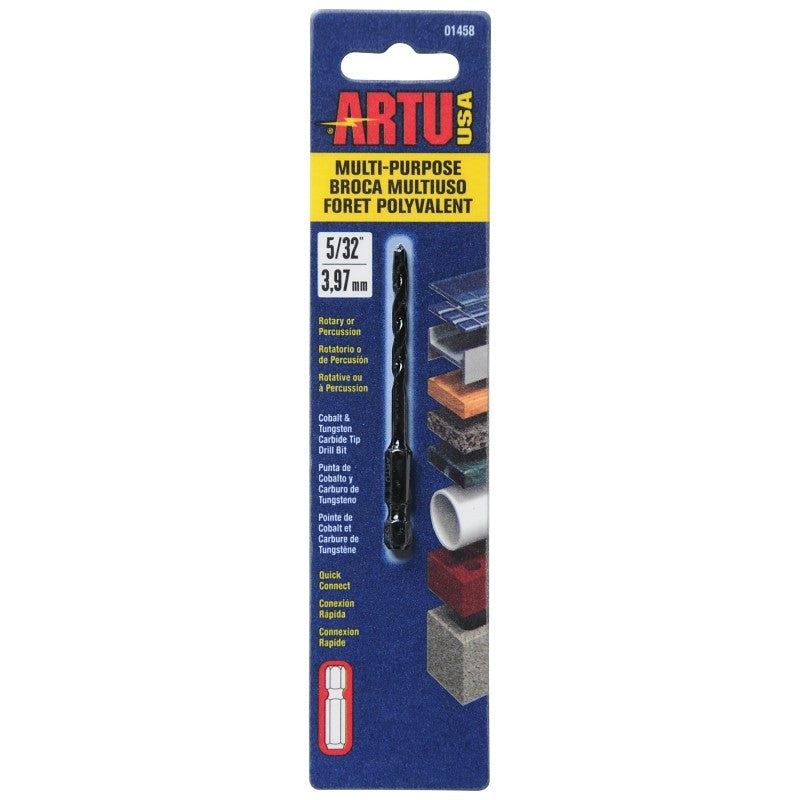 ARTU 01458 Drill Bit, 5/32 in Dia, 3-1/8 in OAL, Multi-Purpose, Parabolic Flute, Quick-Connect Shank