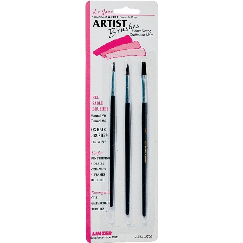 Linzer A343 Artist Paint Brush Set, Wood Handle, 3/CD