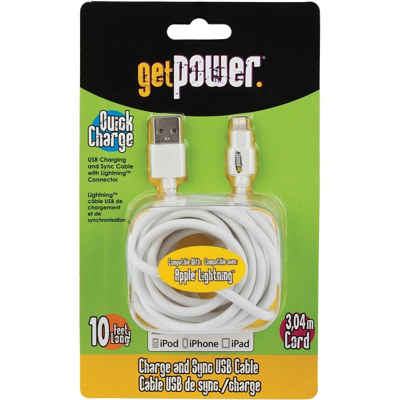 GetPower GP-XL-USB-L USB Charging and Sync Cable, White, 10 ft L