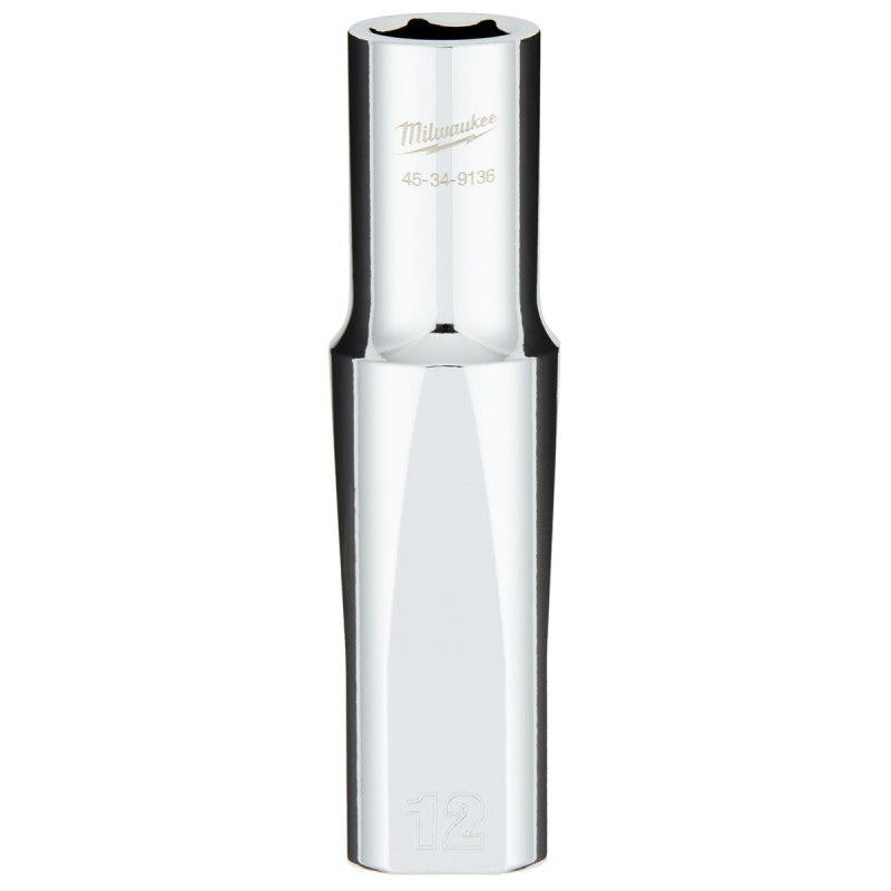 Milwaukee 45-34-9136 Socket, 12 mm Socket, Deep Socket, 0.85 in OAL, 1/2 in Drive, 6-Point, Chrome Vanadium Steel