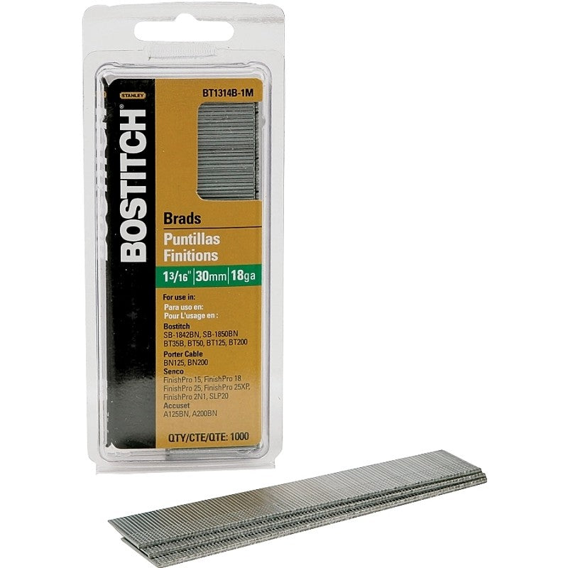 Bostitch BT1314B-1M Series Nail, Glue Collation, 1-3/16 in L, 18 Gauge, Steel, Coated, Brad Head, Smooth Shank, 1000/BX (Pack of 10)