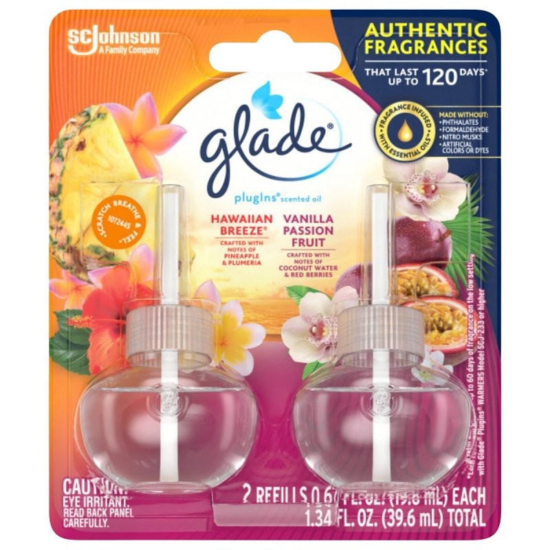 Glade 70498 Plug-In Air Freshener Refill, Hawaiian Breeze/Vanilla Passion Fruit, Clear, 30 days-Day Freshness