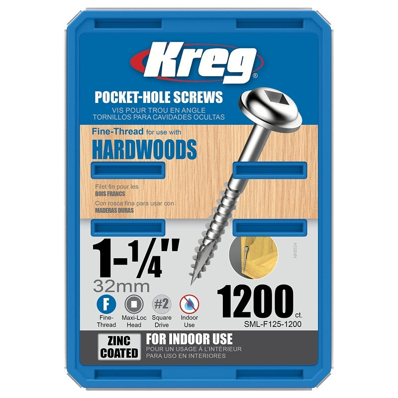 Kreg SML-F125-1200 Pocket-Hole Screw, #7 Thread, 1-1/4 in L, Square Drive, Carbon Steel, Fine Thread, Maxi-Loc Head
