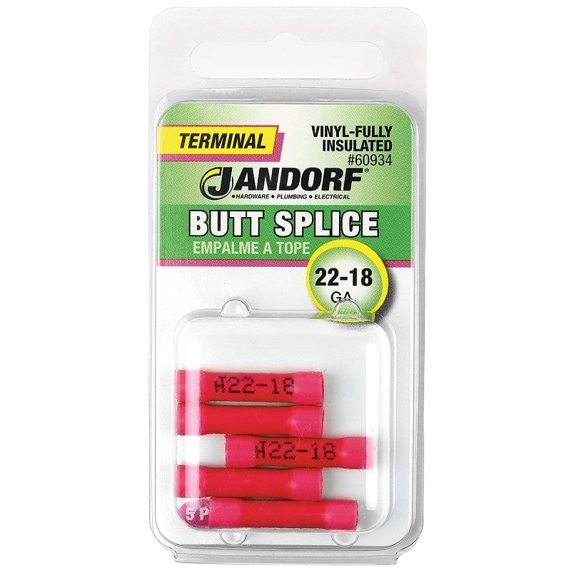 Jandorf 60934 Butt Splice Connector, 22 to 18 AWG Wire, Vinyl Insulation, Copper Contact, Red, 5/PK