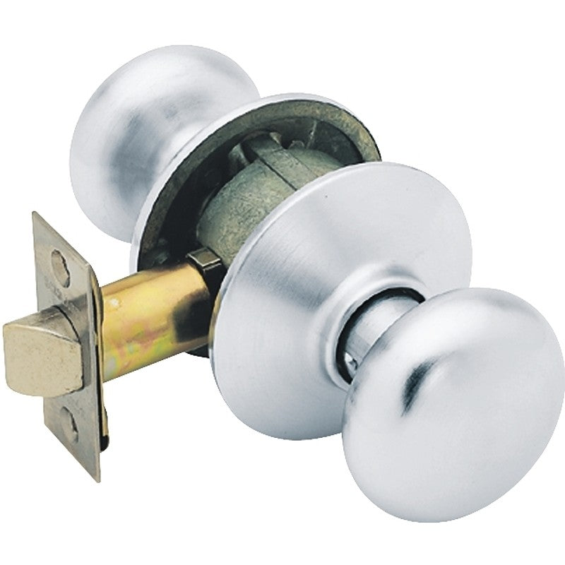 Schlage F Series F10 PLY 626 Passage Knob, Plymouth, Round, 2-3/4 in Dimensions, Metal, Satin Chrome, Reversible Hand