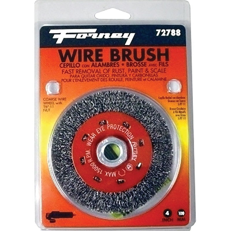 Forney 72788 Wire Wheel Brush, 4 in Dia, 5/8-11 Arbor/Shank, 0.012 in Dia Bristle, Carbon Steel Bristle