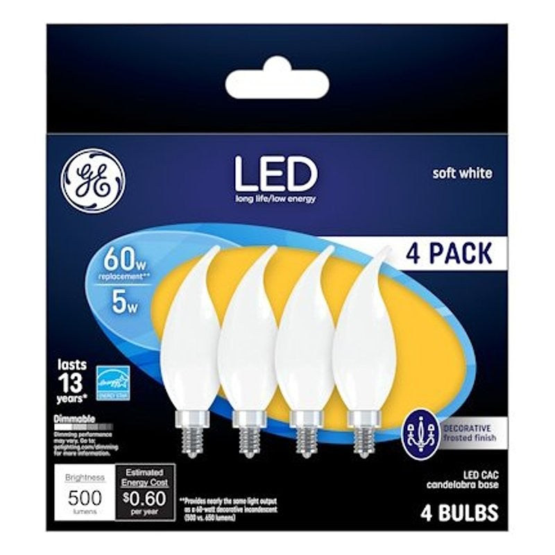 GE 93129350 LED Light Bulb, Bent Tip, CA11 Lamp, 60 W Equivalent, E12 Candelabra Lamp Base, Dimmable, Frosted