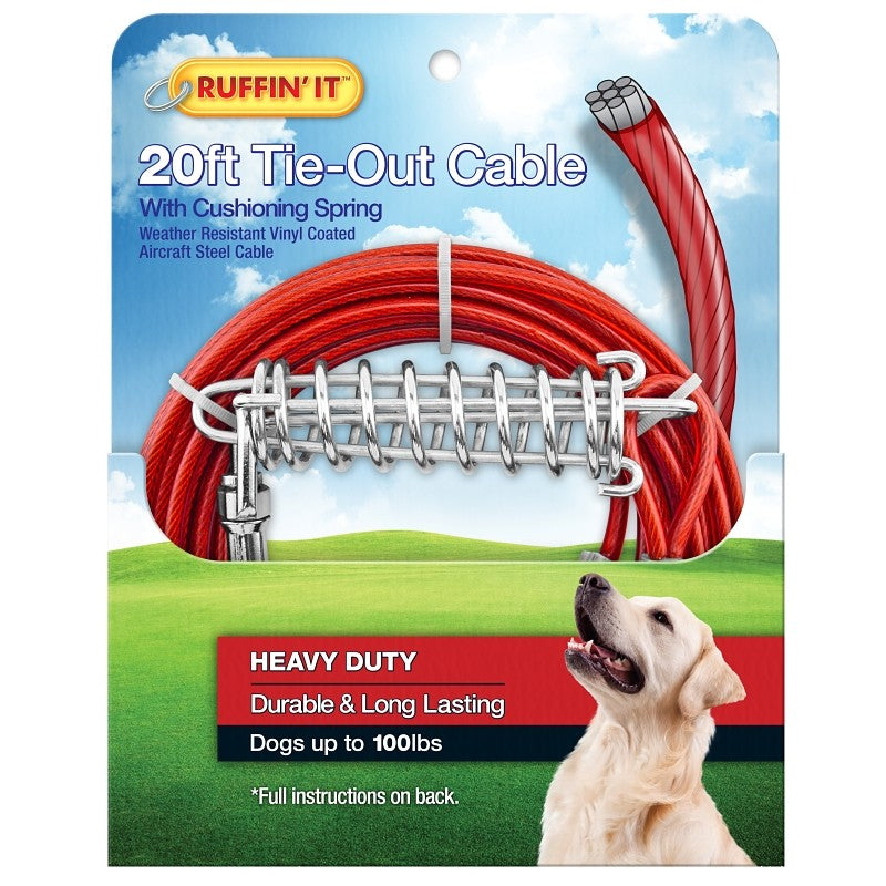 Ruffin'It 29220 Cable Tie-Out with Cushioning Spring, Heavy-Duty, Swivel Snap End, 20 ft, Steel, Red